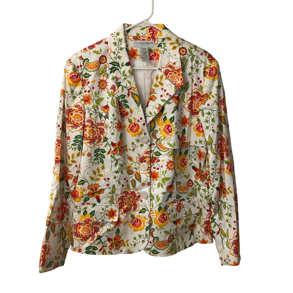 Sag Harbor Floral Print Blazer Cotton Blend Button Front Jacket Size‎ 14